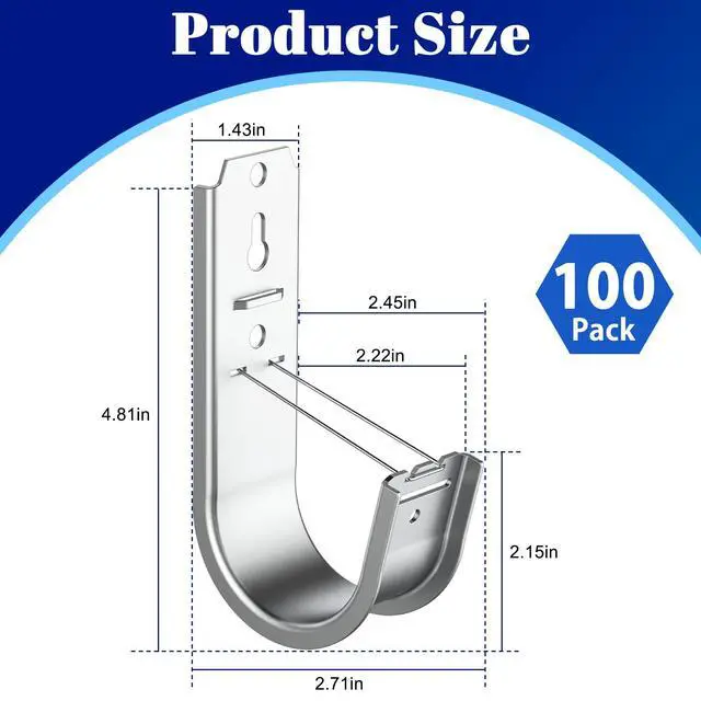 Alt view image 5 of 6 - 100 Pack 2 Inch J Hook Wall Mount J Hook with Retainer Clip Galvanized Steel Wall Cable Hooks Smooth Round Edge J Hook for Hanging Wire Cable Management & Organization Solution