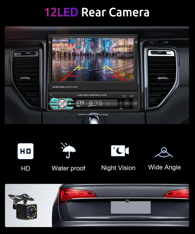 Alt view image 6 of 6 - 7inch Single Din Car Stereo Flip Out Car Radio with AppIe Carplay | Android Auto Airplay MirrorLink 1080P Bluetooth FM Radio HD Backup Camera 2.0 USB TF Card AUX-in Ports Support SWC