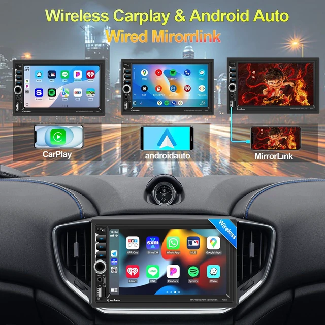 Alt view image 2 of 6 - Wireless Apple CarPlay Double Din,7" Car Bluetooth 5.2,FM Car Radio,IPS 1024*600 Touch Screen Car Stereo,Backup Camera,Android Auto,DSP Subwoofer,USB,SWC,MIC,Car Audio Receiver,Car Play,178*100mm,180W