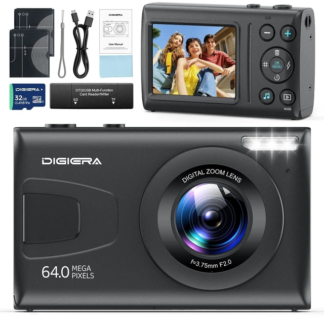 Main image of 4K Digital Camera, 64MP Autofocus Video 18X Zoom 2.4" LCD Screen Vlogging Camera for YouTube, 32GB SD Card USB 2.0 Recharging Li Battery Anti-Shake Compact Camera for Party Beginners, Black