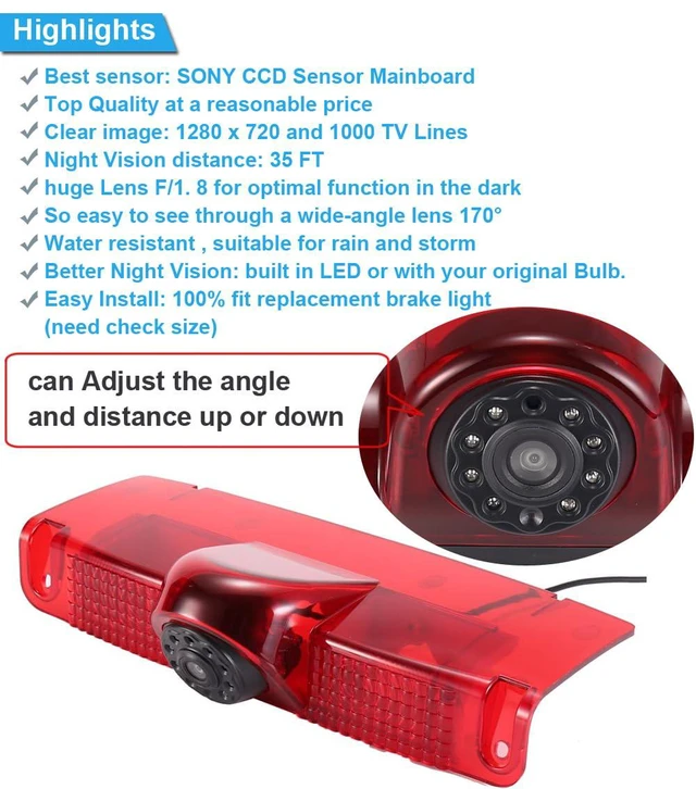 Alt view image 5 of 6 - Car Third Roof Top Mount Brake Lamp Light Rear View Reverse Parking Camera,Replacement for Chevrolet Express GMC Chevy Savana Exporer Vans Cargo Van 2003-2018(with 7 inch Rear View Mirror)