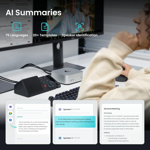 Alt view image 3 of 6 - H1E USB C Docking Station with AI Voice Recorder, Free Transcription & Summarization, 4K HDMI, 1Gbps Ethernet, 5Gbps Data Transfers, 83W PD, Laptop Docking Station for Windows/Mac/ChromeOS (H1E)