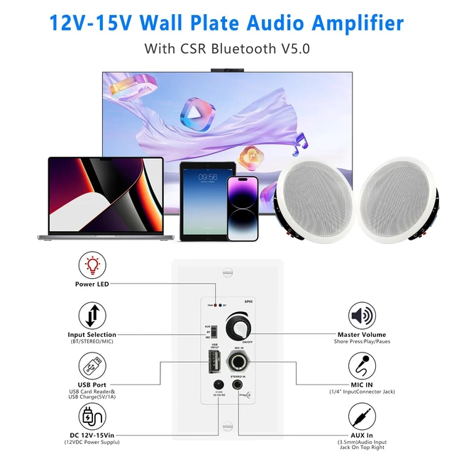 Alt view image 6 of 6 - 6.5'' Bluetooth in Ceiling Speakers with Wall Amplifier Receiver 600W Flush Mount Ceiling & in-Wall Speaker System for Home Theater Office Bathroom Living Room Kitchen(2Pairs)