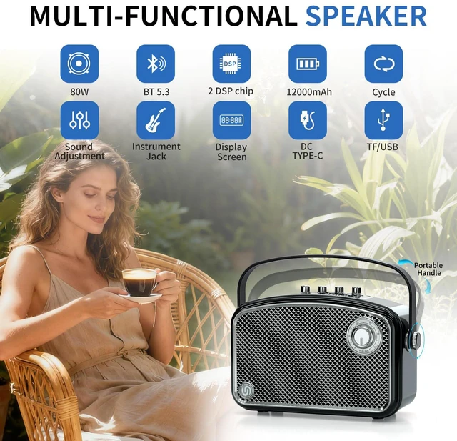 Alt view image 2 of 6 - Bluetooth Speaker 120W Peak Powerful HiFi Loud Sound with Deep Bass, Dual DSP Chips, Bass/Treble controls, Vintage Decor Portable Wireless Boombox Speakers Ideal Gift for Party Camping Backyard