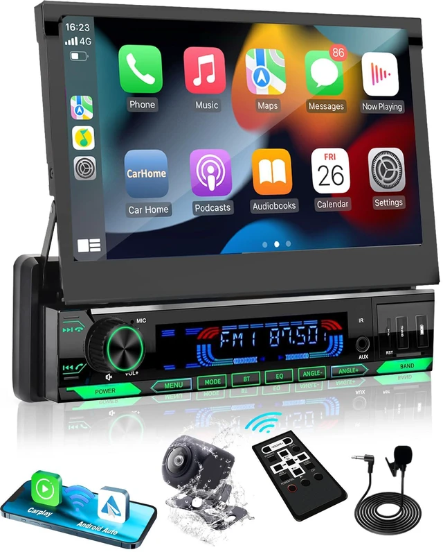 Main image of Single Din Motorized Flip Out Car Stereo with CarPlay and Android Auto, 7 Inch Touchscreen Car Radio, Bluetooth, FM AM RDS, DSP, Backup Camera Input, Steering Wheel Control, USB