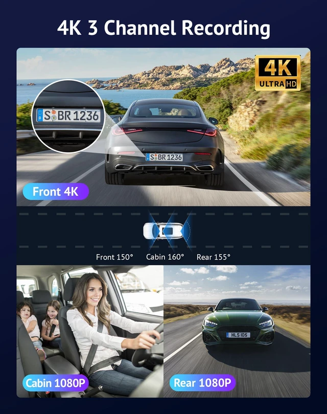 Alt view image 2 of 6 - 3 Channel Dash Cam 4K+1080P+1080P HD Triple Dashcam with 5G WiFi, 3" IPS Touch Screen, Front and Rear Inside Loop Recording Car Camera with 128G Micro SD Card, Built-in GPS, IR Night Vision