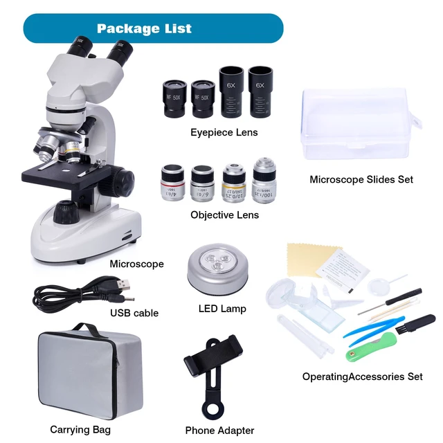 Alt view image 2 of 6 - 200X-5000X Binocular Compound Microscope for Adults & Students | Wide-field optics, 4 achromatic objectives, mechanical stage, coaxial focus and phone adapter for school, home and lab use