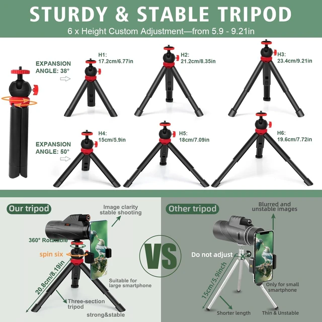 Alt view image 3 of 6 - 12x56 High Power Monocular Telescope with Smartphone Adapter Tripod, Black | Larger Vision Monoculars for Adults with BAK4 Prism & FMC Lens, Suitable for Bird Watching Hunting Hiking Camping Travel