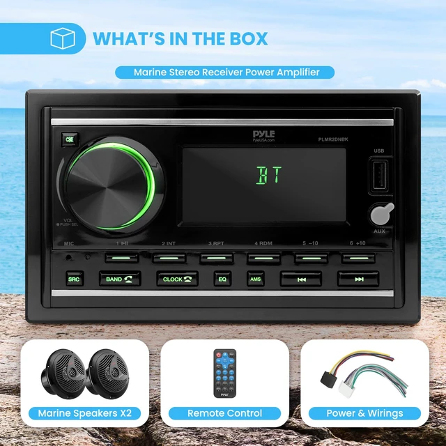 Alt view image 6 of 6 - Boat Bluetooth Marine Stereo Receiver - Marine Head Unit Double DIN Stereo Receiver Power Amplifier & Speaker Kit - Hands-Free Calling, AM/FM/MP3/BT/USB/AUX - Remote, Speakers - PLMR2DNBK