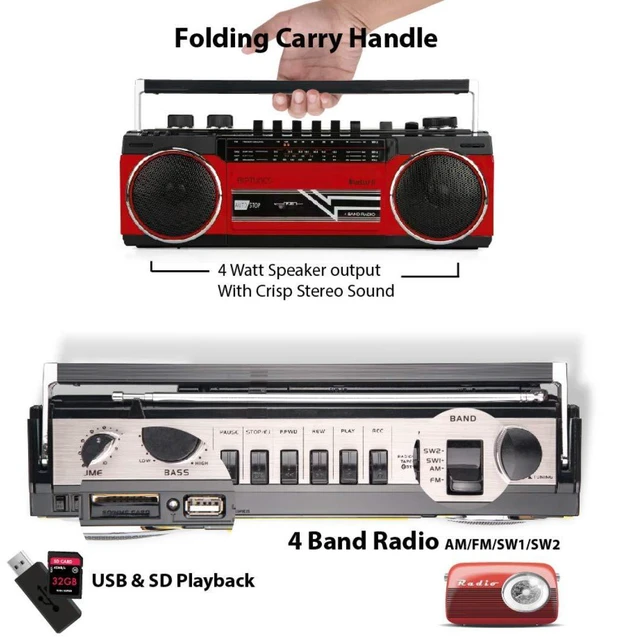Alt view image 3 of 6 - Cassette Boombox, Retro Blueooth Boombox, Cassette Player and Recorder, AM/FM/SW-1-SW2 Radio-4-Band Radio, USB, and SD, RED