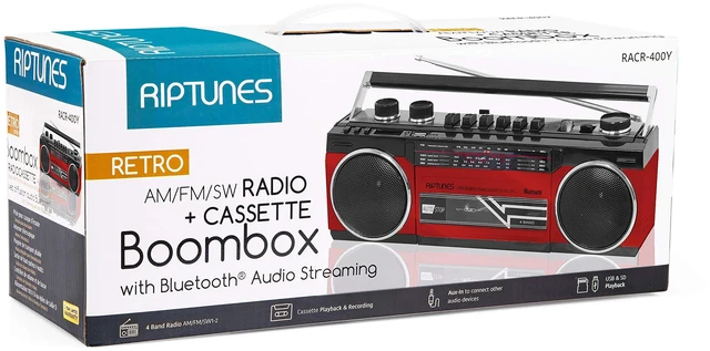 Alt view image 6 of 6 - Cassette Boombox, Retro Blueooth Boombox, Cassette Player and Recorder, AM/FM/SW-1-SW2 Radio-4-Band Radio, USB, and SD, RED