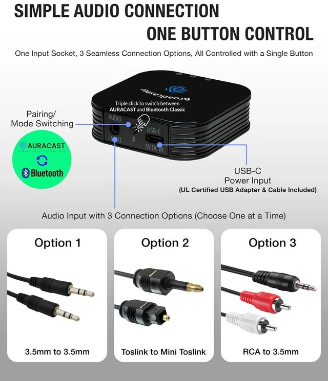 Alt view image 5 of 6 - JY300 Neckband Headphones + BA210 v2 Auracast Transmitter Bundle, aptX Lossless & LC3, 40-Hour Battery, Optical, RCA & 3.5 mm Input
