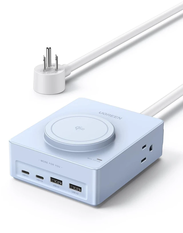 Main image of 15W 8-Port Wireless Charger Power Strip with 5FT Extension Cord | 2 USB-C, 2 USB-A, 4 AC, 15w Wireless Charging, 20W PD Charging, Desk Charging Station for Office, Conference, Home Use