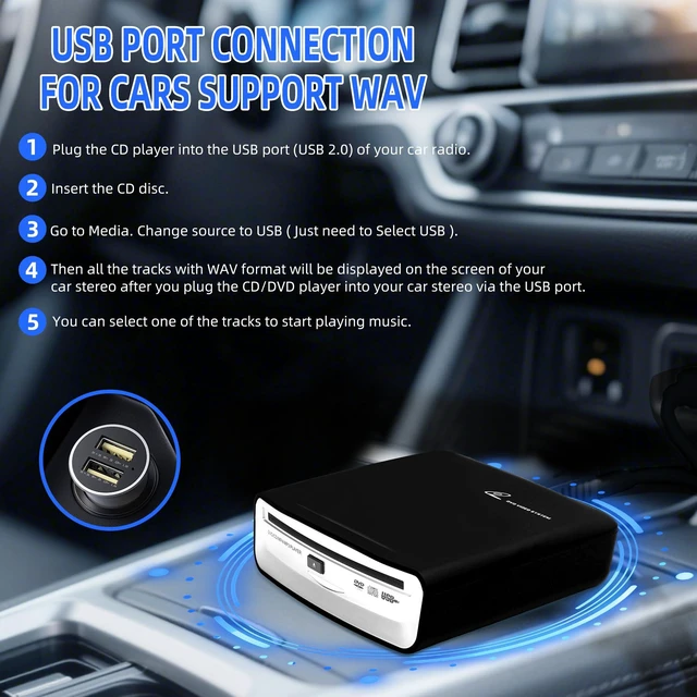 Alt view image 5 of 6 - Car External CD Player, USB/AUX/FM Multi-Connection, Compatible with Car/TV/Mac/Laptops/Desktops/PC, Supports Android 4.4+ Navigation