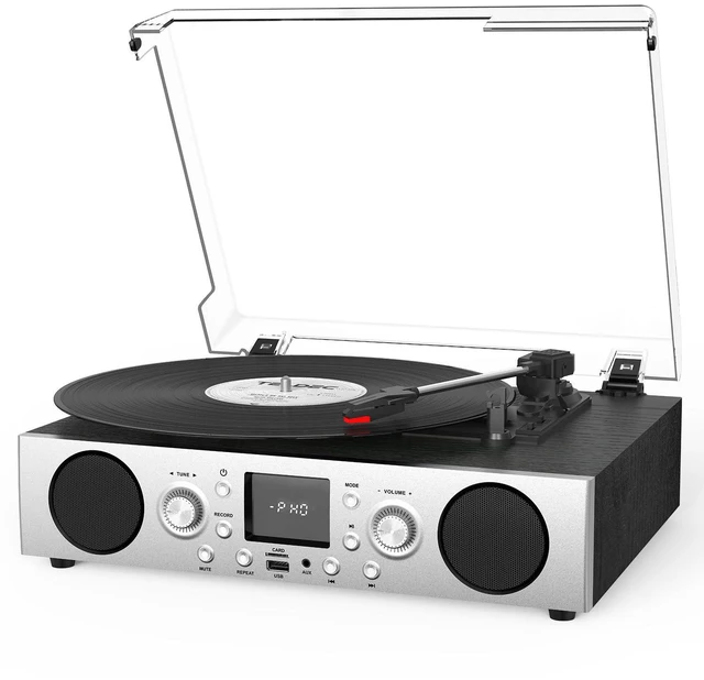 Main image of Record Player with Built-in Speakers, Belt-Driven Turntable with FM Radio & Bluetooth Receiver, 3-Speed Vinyl Player with USB Recording, RCA Line Out, AUX in & Auto Stop, Silver Black