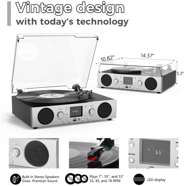 Alt view image 4 of 6 - Record Player with Built-in Speakers, Belt-Driven Turntable with FM Radio & Bluetooth Receiver, 3-Speed Vinyl Player with USB Recording, RCA Line Out, AUX in & Auto Stop, Silver Black