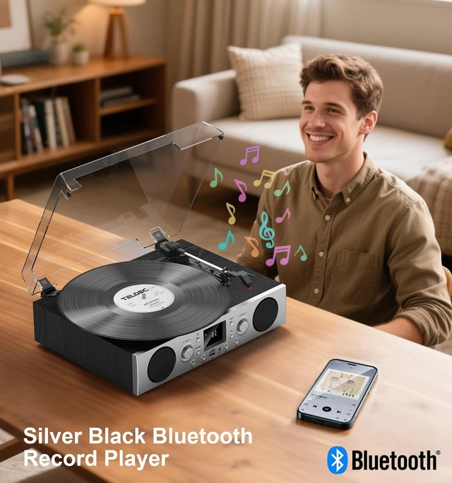 Alt view image 6 of 6 - Record Player with Built-in Speakers, Belt-Driven Turntable with FM Radio & Bluetooth Receiver, 3-Speed Vinyl Player with USB Recording, RCA Line Out, AUX in & Auto Stop, Silver Black
