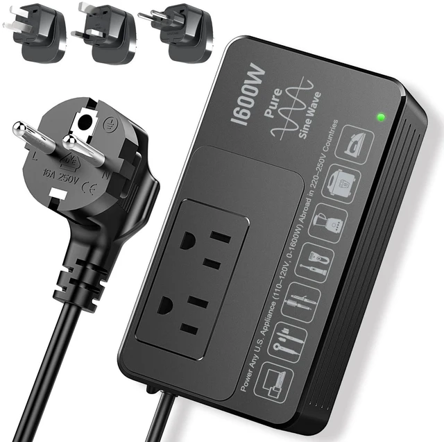 Main image of 1600W 220V to 110V Converter Power Any U.S. Appliance in 220-250V Countries | Voltage Converter US to Europe International Travel, Pure Sine Wave, Plug & Play, No Limitations, Surge Protected