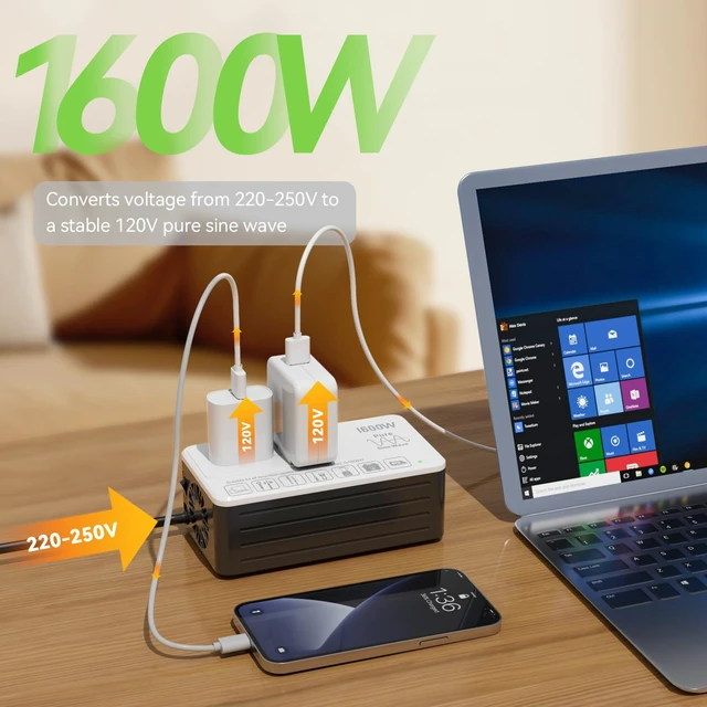 Alt view image 4 of 6 - 1600W 220V to 110V Converter Power Any U.S. Appliance in 220-250V Countries | Voltage Converter US to Europe International Travel, Pure Sine Wave, Plug & Play, No Limitations, Surge Protected