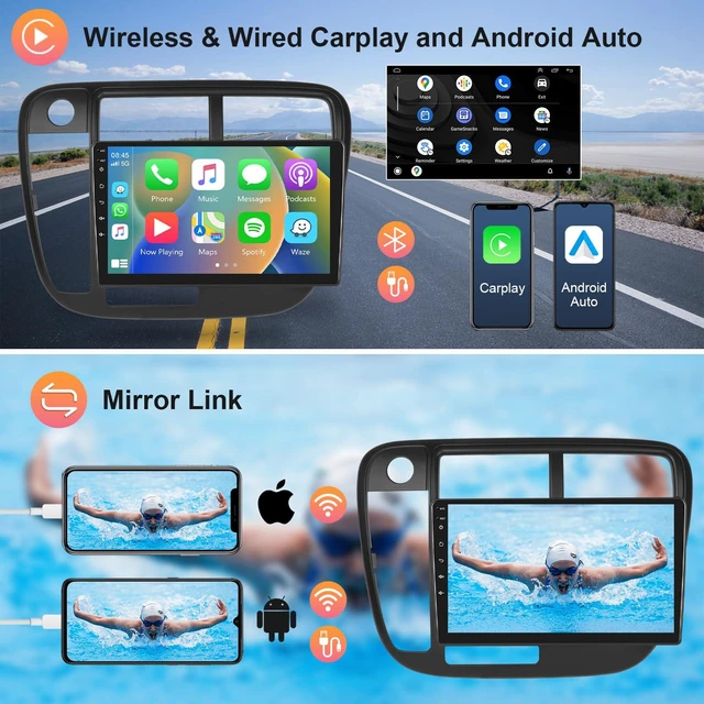 Alt view image 2 of 6 - 4Core+64G Car Radio for Honda Civic 1996-2001 with Wireless Carplay Android Auto, 9-Inch Touch Screen with GPS/WiFi/Bluetooth, FM RDS, Mirror Link, Backup Camera 2 din Radio for Honda