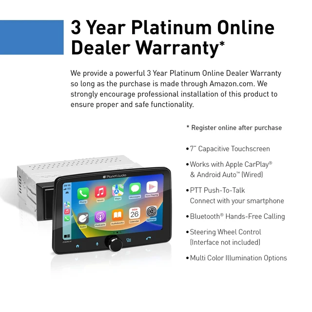 Alt view image 3 of 6 - P70CPA-PF Car Stereo - Apple CarPlay, Android Auto, Single Din, 7 Inch Touchscreen, Bluetooth, No CD DVD Player, AM/FM Radio Receiver, Multi Color Illumination
