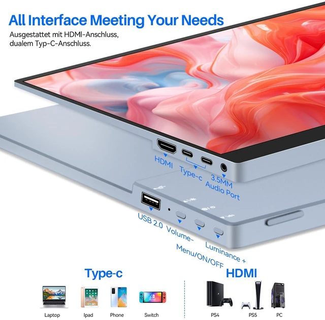 Alt view image 5 of 6 - 15.6 Inch Touchscreen Portable Monitor, FHD 1080P IPS Full Function USB-C Ultra Slim Travel Screen, Portable Display w/Speakers & VESA Mount for Laptop Mac PC Phone PS4 PS5 Switch