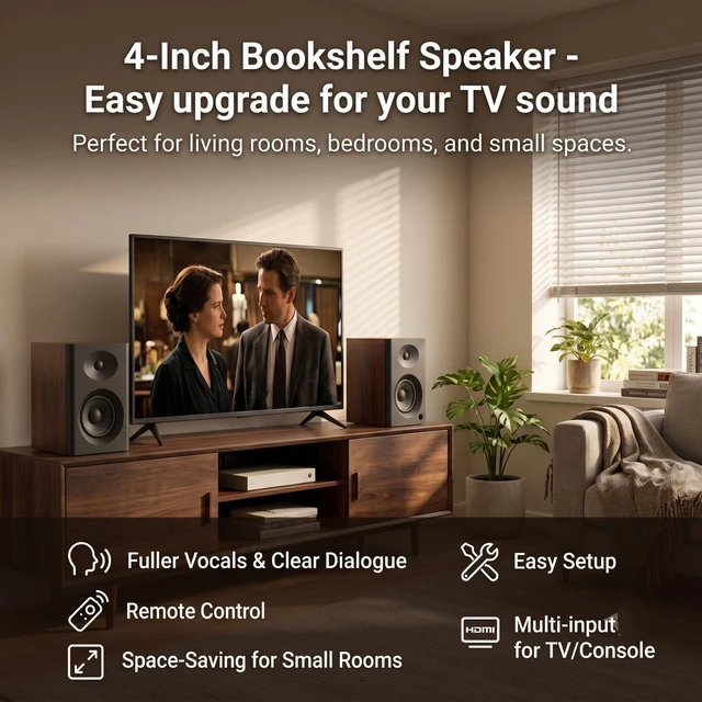 Alt view image 3 of 6 - 4-Inch Powered Bluetooth Bookshelf Speakers, Black Pair | 60W Active Home Audio System w/ Wooden Enclosure & Remote, for TV, Turntable, Record Player, Computer, PC, RCA/AUX Input