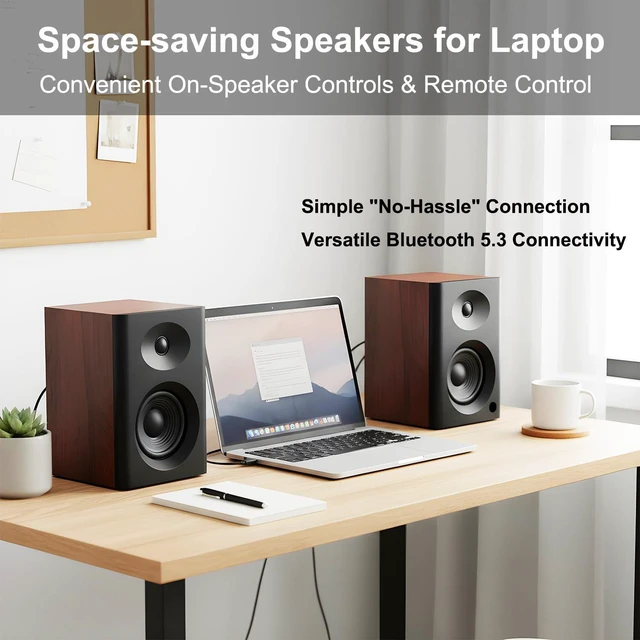 Alt view image 6 of 6 - 4-Inch Powered Bluetooth Bookshelf Speakers, Black Pair | 60W Active Home Audio System w/ Wooden Enclosure & Remote, for TV, Turntable, Record Player, Computer, PC, RCA/AUX Input