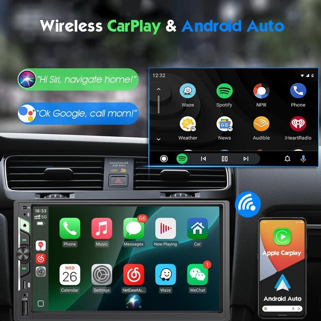 Alt view image 2 of 6 - 7 Inch Double Din Car Stereo with Wireless Apple CarPlay & Android Auto, HD Touchscreen Car FM Radio with Bluetooth Handsfree, Wireless Mirror Link, Airplay, USB-C Fast Charge, 12LED Backup Camera