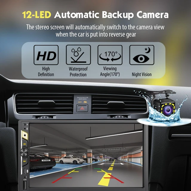 Alt view image 5 of 6 - 7 Inch Double Din Car Stereo with Wireless Apple CarPlay & Android Auto, HD Touchscreen Car FM Radio with Bluetooth Handsfree, Wireless Mirror Link, Airplay, USB-C Fast Charge, 12LED Backup Camera