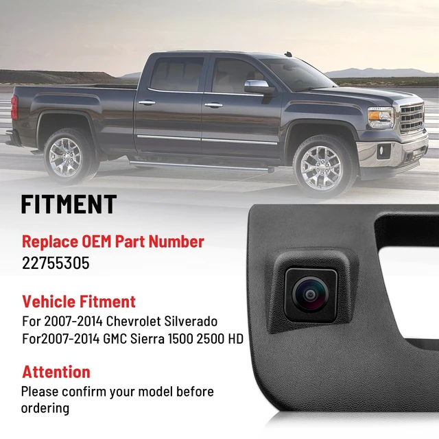 Alt view image 2 of 6 - Tailgate Handle Reverse Backup Camera Fit for 2007-2014 Chevrolet Silverado GMC Sierra 1500 2500 HD IP68 Waterproof 150° View Angle Rear View Camera with Key Hole Replaces OE Number 22755305