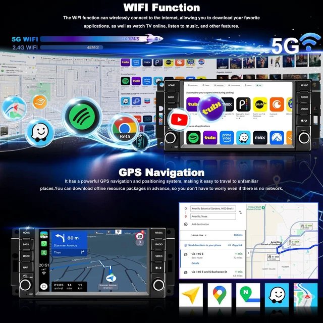 Alt view image 4 of 6 - 5GWiFi Radio for Jeep Liberty 2008-2012, Compass Patriot 2009-2016, Dodge Grand Caravan 2008-2020, Ram 1500/2500/3500 2009-2012, Wrangler 2007-2017, 7"Touchscreen Stereo apple Carplay Android Auto GPS