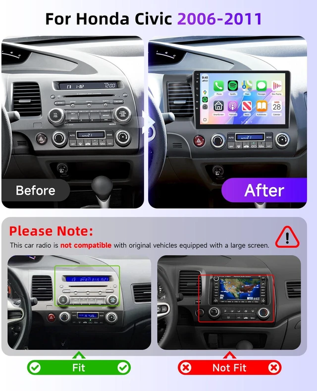 Alt view image 2 of 6 - Car Stereo Radio for Honda Civic 2006-2011 Support Wireless Carplay Android Auto 10.1'' HD 1080P Touchscreen with 5Ghz WiFi GPS Navigation EQ AHD Backup Camera FM/RDS Radio SWC 2G+64G