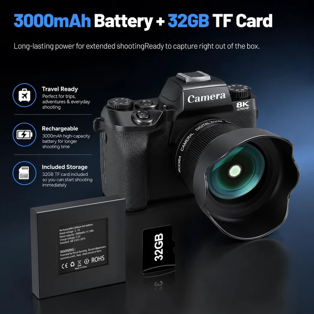Alt view image 6 of 6 - Cameras for Photography, 64MP Dual Lens Vlogging Camera & 32GB Card (Black) | 8K Digital Camera with 4" Touch Screen, LED Fill Light, 3000MAh Battery, Lens Hood, Hot Shoe & 32GB TF Card