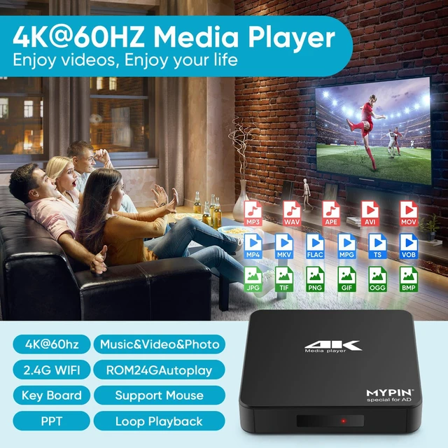 Alt view image 2 of 6 - 4K@60hz MP4 Media Player Support Advertising Subtitles/Timing, Networkable | Support 8TB HDD/ 256G USB Drive/SD Card with HDMI / AV Out for HDTV/PPT MKV AVI MP4 H.265- Suport Mouse&keyboard Control