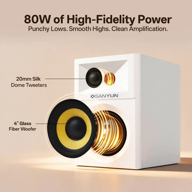 Alt view image 4 of 6 - SW205 2.0 Bookshelf Speakers, Room-Filling Expanded Stage, Dual-DSP | Built-in 24bit DAC, Bluetooth 5.4/Optical/AUX, 80W 4" Glass Fiber Woofer & Silk Dome Tweeter, Wireless RF Remote (Pair,White)