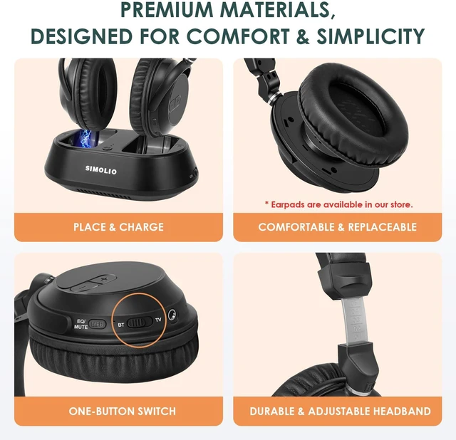 Alt view image 6 of 6 - Wireless TV Headphones for Seniors, Bluetooth Headset for PC/Phone | Clear Dialog, Optical Passthrough to Soundbar, 3 EQ, Replaceable Earmuffs, Volume Control, No Delay, Charging Dock