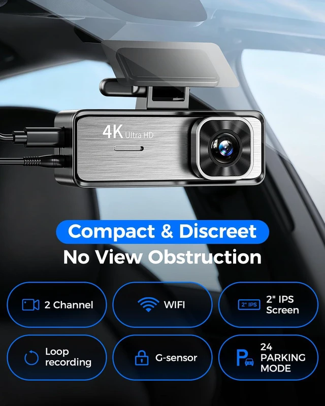Alt view image 2 of 6 - 4K Dash Cam Front and Rear,4K+1080P Dual Dash Camera for Cars, 2.4G WiFi, 2 IPS Screen, Night Vision, G-Sensor, Loop Recording, 32GB Card Included