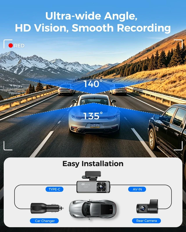 Alt view image 4 of 6 - 4K Dash Cam Front and Rear,4K+1080P Dual Dash Camera for Cars, 2.4G WiFi, 2 IPS Screen, Night Vision, G-Sensor, Loop Recording, 32GB Card Included