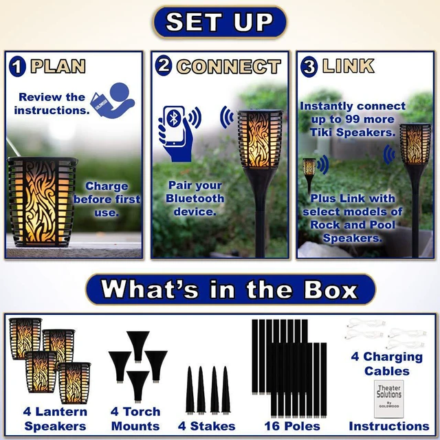 Alt view image 6 of 6 - TT100 Fully Wireless 240 Watt Rechargeable Battery Bluetooth Tiki Torch Speaker 4 Pack Lanterns Link Up to 99 Speakers Wirelessly