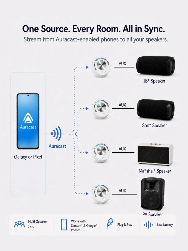 Alt view image 4 of 6 - AuraLink - Auracast & Classic Bluetooth Receiver | for Powered Speakers & Audio System, 328ft Long Range, 20H Portable or Plug-in Use, One-to-Many Multiple Broadcast Listening
