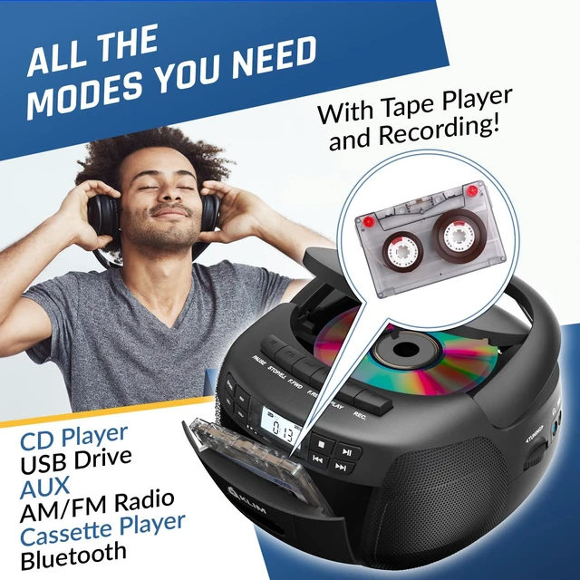 Alt view image 3 of 6 - CD Player & Cassette Tape Player with Case, Bluetooth Boombox, AM/FM Radio, Stereo Sound, Remote, CD and Cassette Combo, Tape Recording, USB Drive, AUX, AC/DC Powered