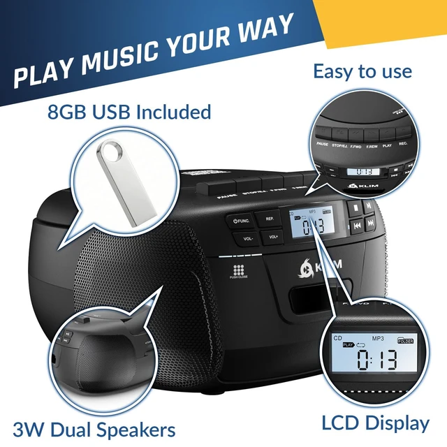 Alt view image 6 of 6 - CD Player & Cassette Tape Player with Case, Bluetooth Boombox, AM/FM Radio, Stereo Sound, Remote, CD and Cassette Combo, Tape Recording, USB Drive, AUX, AC/DC Powered