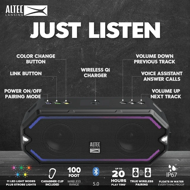 Alt view image 5 of 6 - HydraBlast Wireless Portable Bluetooth Speaker, IP67 Waterproof for Parties, USB C Rechargeable Outdoor Speakers with Built in Phone Charger and LED Lights, 20 Hour Playtime