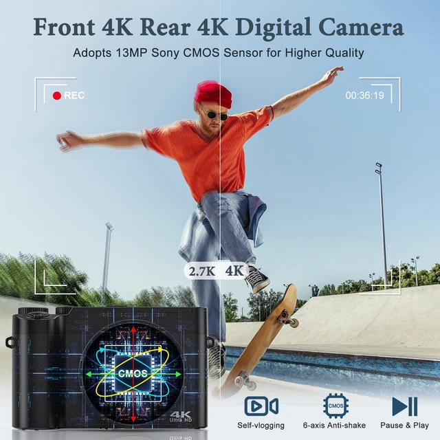 Alt view image 2 of 6 - 4K Digital Camera, 64MP Rear and Front Camera for Photography and Video Autofocus Anti-Shake, 3'' Selfie Flip Vlogging Camera with Ultra Bright Flash, Camera with Dial 16X Zoom (2 Batteries+Charger)