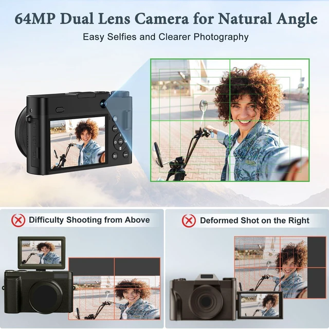 Alt view image 3 of 6 - 4K Digital Camera, 64MP Rear and Front Camera for Photography and Video Autofocus Anti-Shake, 3'' Selfie Flip Vlogging Camera with Ultra Bright Flash, Camera with Dial 16X Zoom (2 Batteries+Charger)
