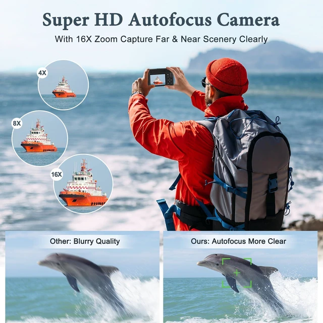 Alt view image 4 of 6 - 4K Digital Camera, 64MP Rear and Front Camera for Photography and Video Autofocus Anti-Shake, 3'' Selfie Flip Vlogging Camera with Ultra Bright Flash, Camera with Dial 16X Zoom (2 Batteries+Charger)