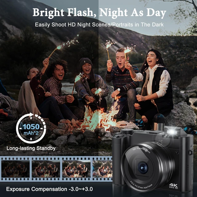 Alt view image 5 of 6 - 4K Digital Camera, 64MP Rear and Front Camera for Photography and Video Autofocus Anti-Shake, 3'' Selfie Flip Vlogging Camera with Ultra Bright Flash, Camera with Dial 16X Zoom (2 Batteries+Charger)