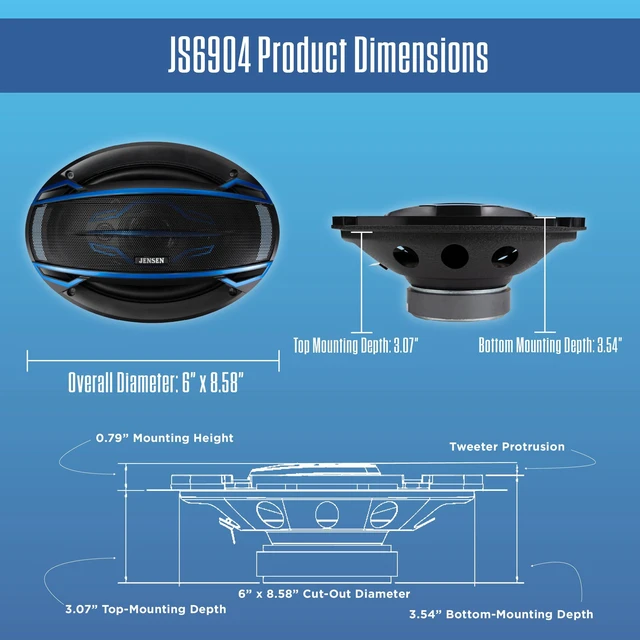 Alt view image 4 of 6 - JS6904 6x9 4-Way Car Speakers Pair 200W Peak 50W RMS Coaxial Set | 58mm Mylar balanced dome midrange, two 20mm piezo tweeters, high performance 4-way sound, fits standard 6x9 car cutouts