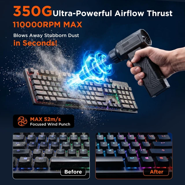 Alt view image 2 of 6 - Compressed Air Duster, 350g High-Thrust Air Blower for PC Cleaning | Deep Cleaning,Rechargeable,4-Speed Adjustable,LED Light,110K RPM,Hurricane-Force,for Computer Keyboard, House, Outdoor, Car